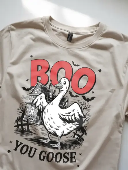 Natural close-up – red Boo You Goose text spooky Halloween goose shirt