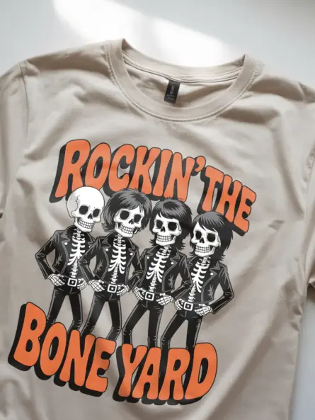 natural Shirt Lifestyle Shot – Rockin the Bone Yard Vintage Skeleton Rock Band T-Shirt