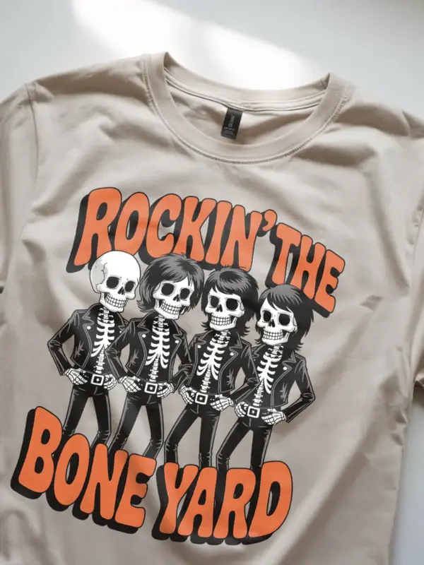 natural Shirt Lifestyle Shot – Rockin the Bone Yard Vintage Skeleton Rock Band T-Shirt