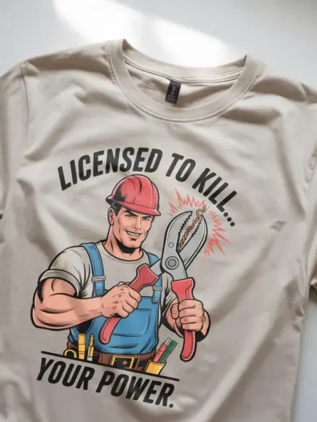 Licensed Electrician Pun T-Shirt – Comic Style “Licensed to Kill… Your Power - Image 8