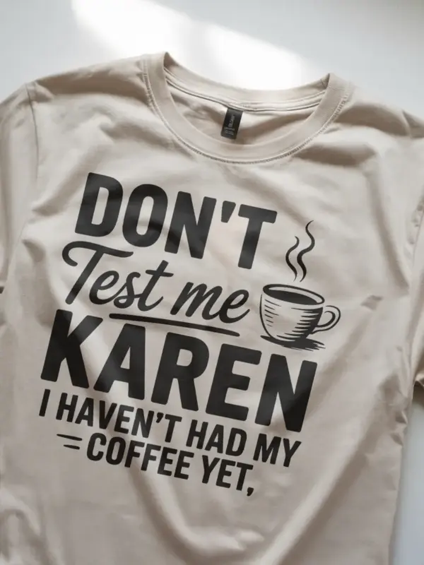 natural front view don’t test me Karen sassy coffee t-shirt for women