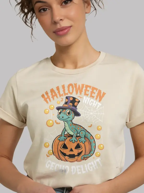 natural lifestyle shot - spooky cute cartoon gecko - gecko halloween t-shirt