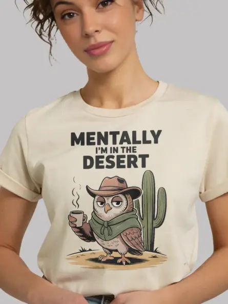 Desert Vibes T-Shirt – Funny Cowboy Owl Coffee Graphic Tee - Image 9