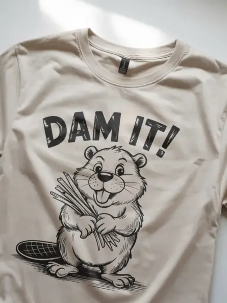 natural front view with dam it pun and cartoon beaver holding sticks