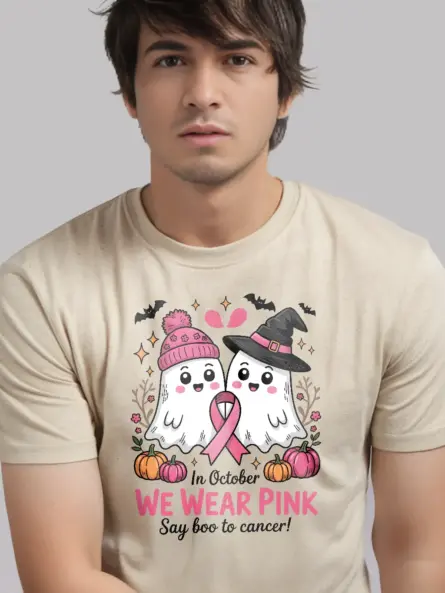 natural front view – kawaii ghost Halloween tee – pink ghost breast cancer shirt
