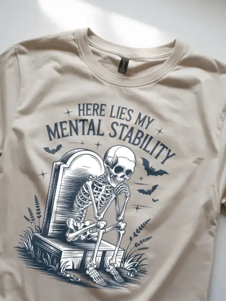 Natural close-up – distressed tombstone skeleton print mental stability skeleton t-shirt natural