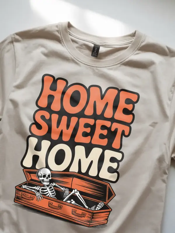 Natural close-up – black and orange lettering coffin skeleton homebody t-shirt natural