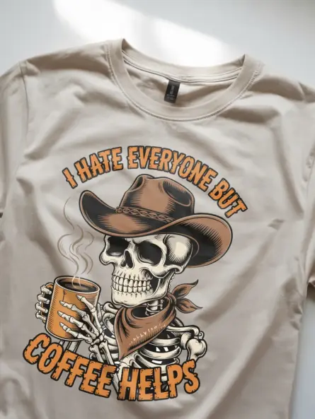 Grungy Skeleton Cowboy Coffee T-Shirt – Funny Anti-Social Vintage Tee - Image 9