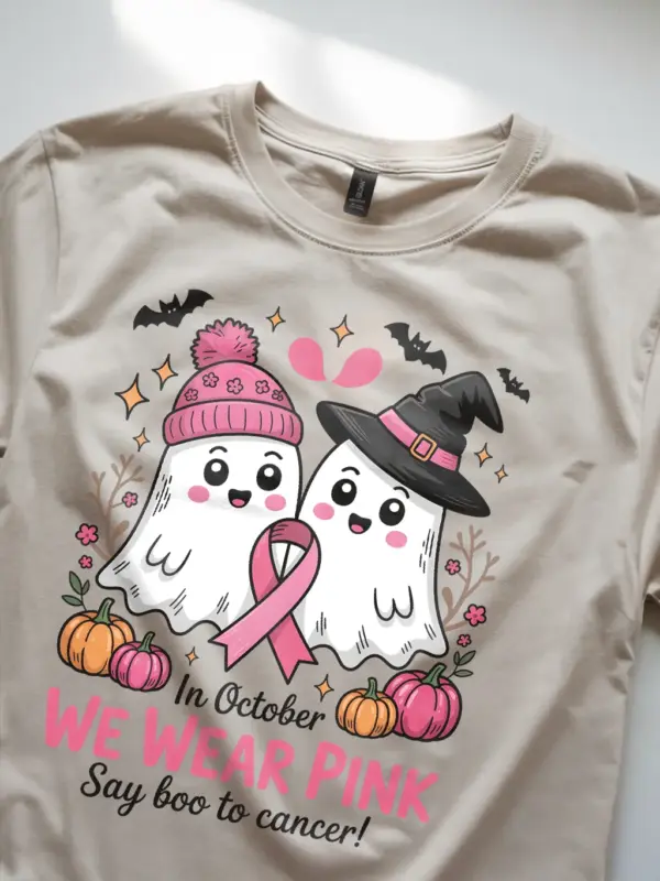natural lifestyle photo – we wear pink for October – pink ghost breast cancer shirt
