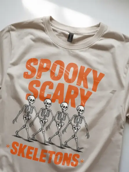 Natural angled front – vintage-style skeleton dance natural tee for Halloween parties