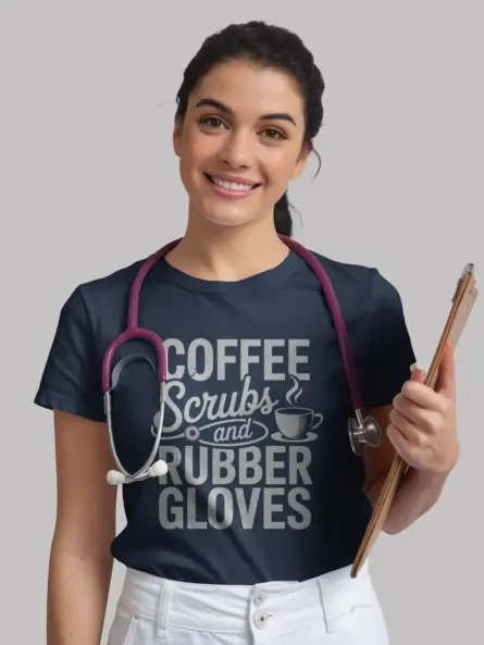 Navy Distressed Nurse Shirt with Coffee Cup Graphic