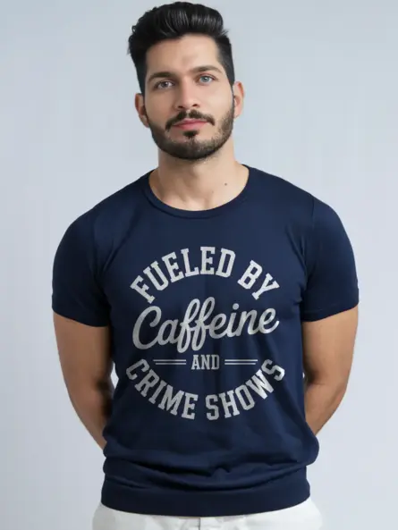 navy tee, funny coffee and crime shows graphic shirt