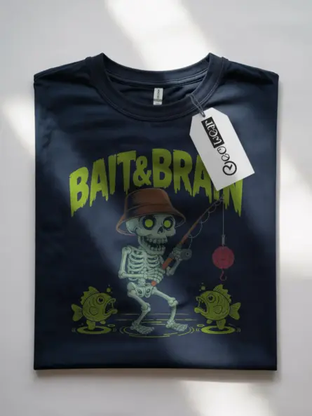 Navy Bait and Brain creepy cute skeleton fishing t-shirt front design view