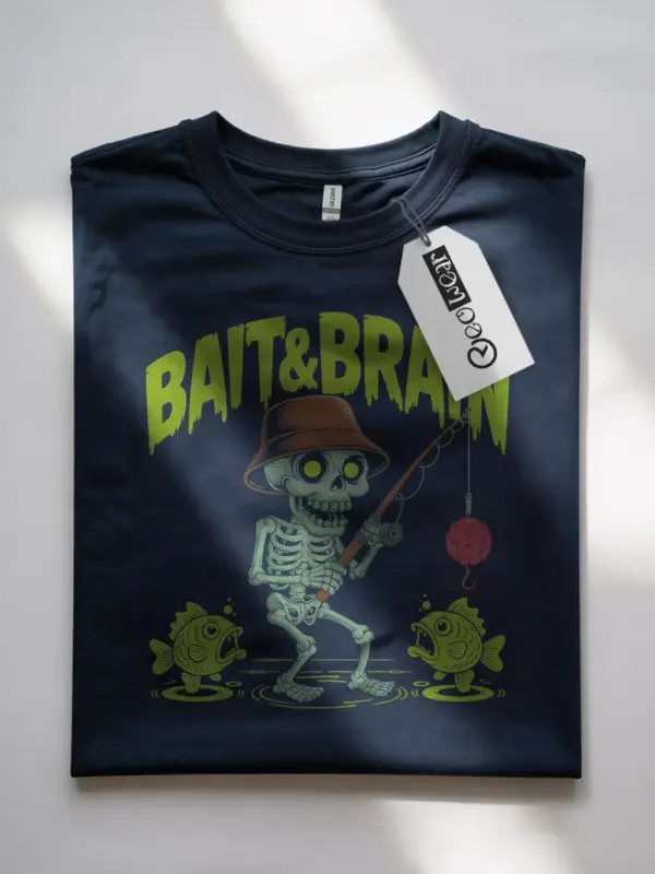Navy Bait and Brain creepy cute skeleton fishing t-shirt front design view