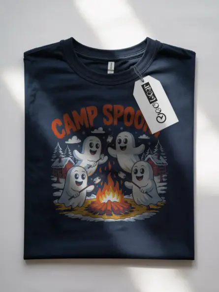 Navy Camp Spooky cute ghost campfire t-shirt front side