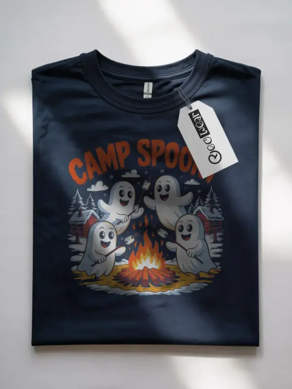 Navy Camp Spooky cute ghost campfire t-shirt front side