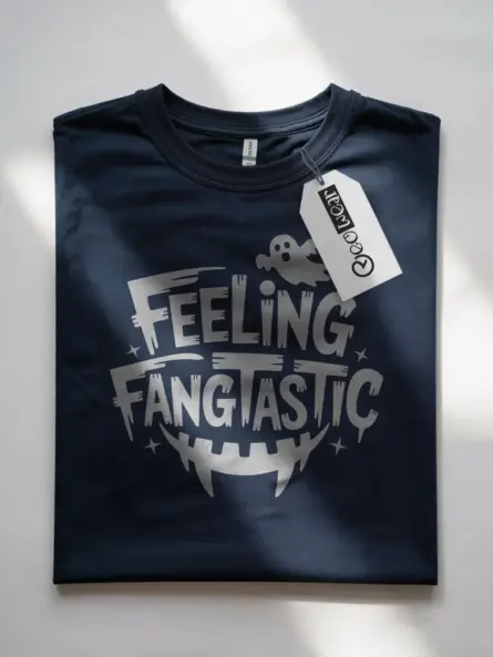 Front view navy Feeling Fangtastic Halloween T-Shirt fang smile