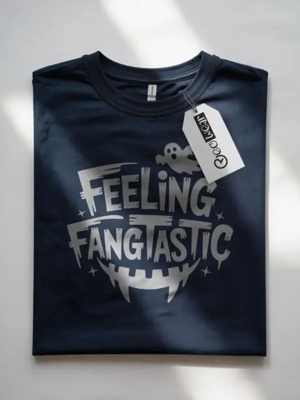 Front view navy Feeling Fangtastic Halloween T-Shirt fang smile