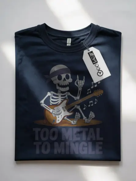 Navy Too Metal to Mingle metalhead skeleton guitar t-shirt front design