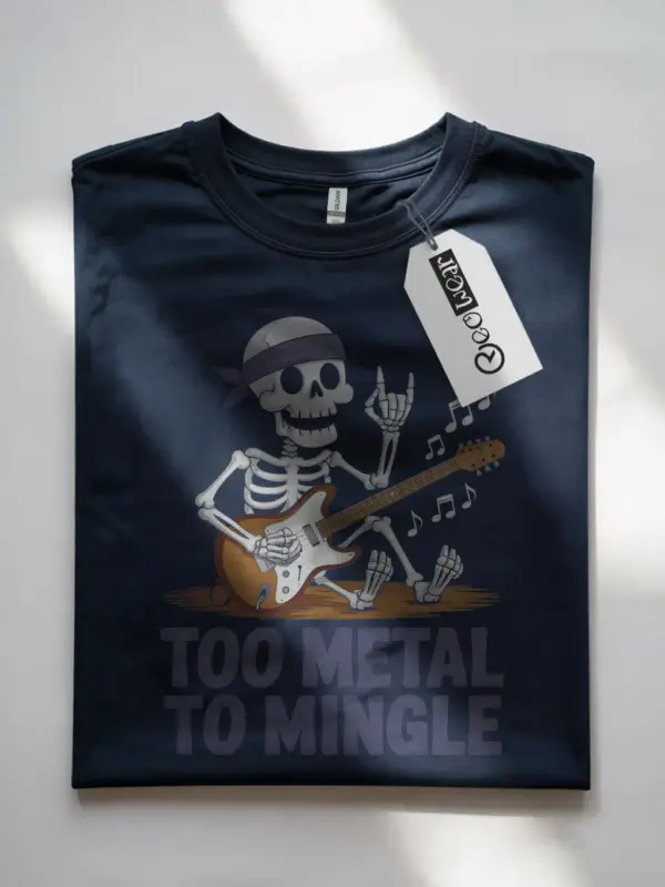 Navy Too Metal to Mingle metalhead skeleton guitar t-shirt front design