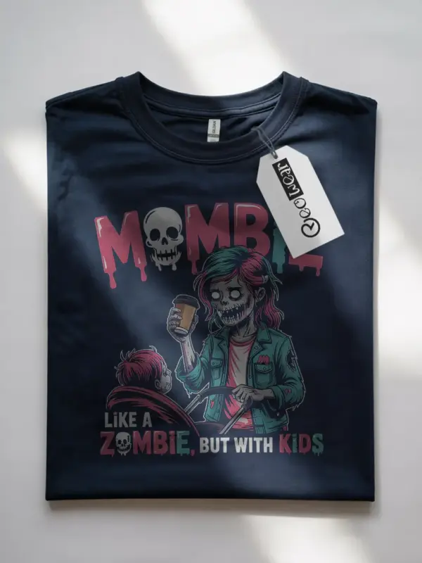 Navy lifestyle shot – Spooky coffee mom look – mombie t-shirt for moms