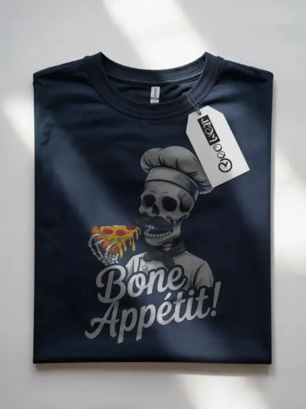 Navy Bone Appétit skeleton chef pizza t-shirt front art