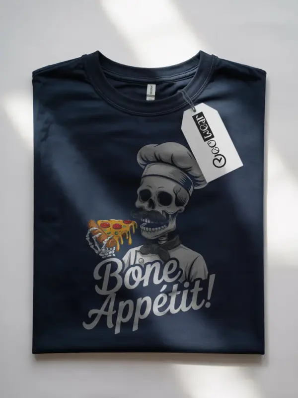 Navy Bone Appétit skeleton chef pizza t-shirt front art