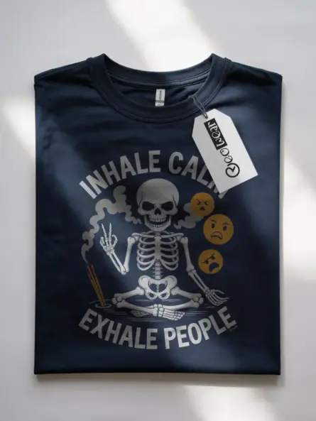navy shirt front – calm skeleton with smoke and emojis – skeleton meditation t-shirt