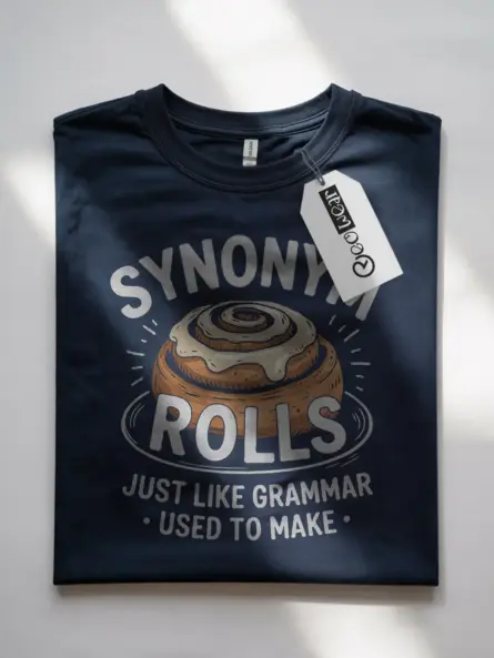 Navy cinnamon pun front view funny synonym rolls t-shirt