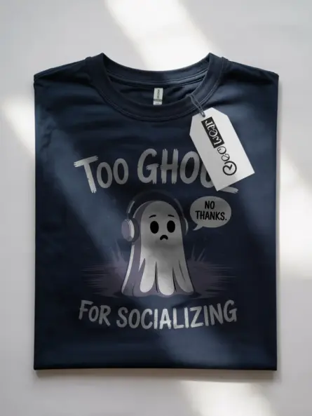 Navy Too Ghoul for Socializing T-Shirt Front View – cartoon ghost with headphones