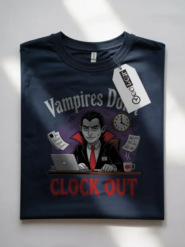 Navy Vampires Don’t Clock Out T-Shirt – Front View for Halloween Party Workers