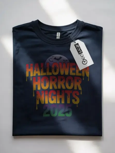 Navy front shirt with 2025 horror text — halloween horror nights t-shirt gothic design
