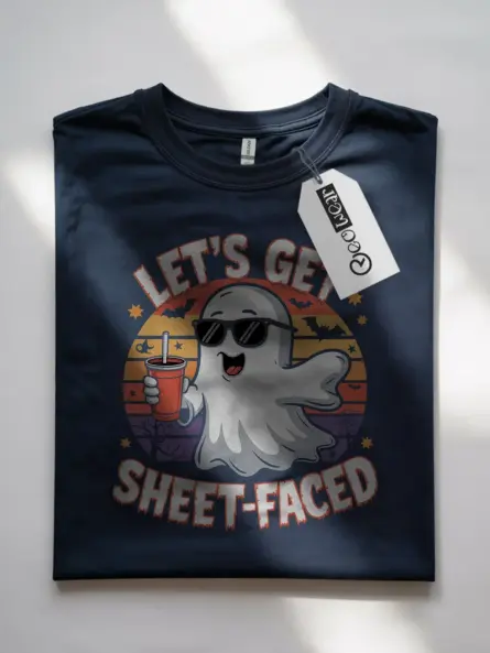 navy front view let’s get sheet faced halloween t-shirt for young adults