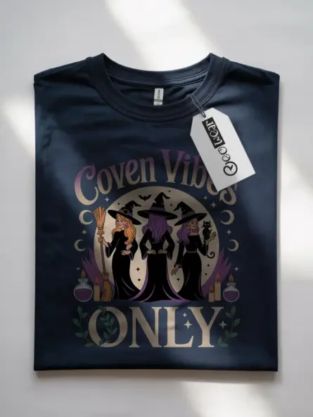 Front View Navy Coven Vibes Witch T-Shirt with full moon