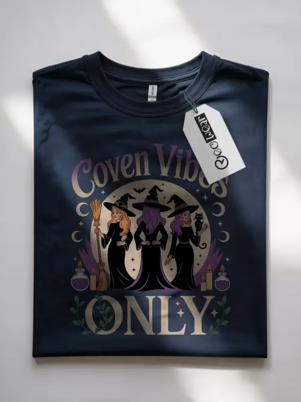 Front View Navy Coven Vibes Witch T-Shirt with full moon