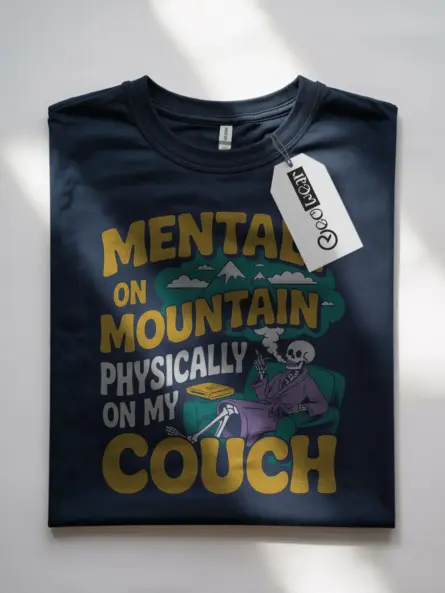 navy shirt front – skeleton couch design with mountains – mentally on mountain t-shirt