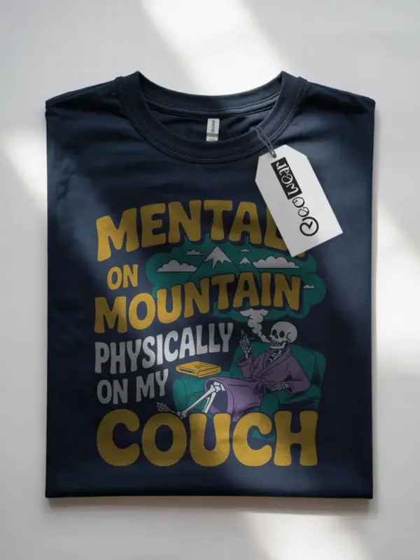 navy shirt front – skeleton couch design with mountains – mentally on mountain t-shirt