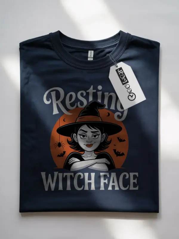 navy front view resting witch face halloween t-shirt moody halloween tee