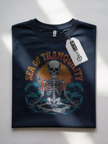 Navy sea of tranquility t-shirt front – skeleton meditation graphic over waves