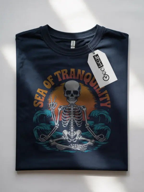 Navy sea of tranquility t-shirt front – skeleton meditation graphic over waves