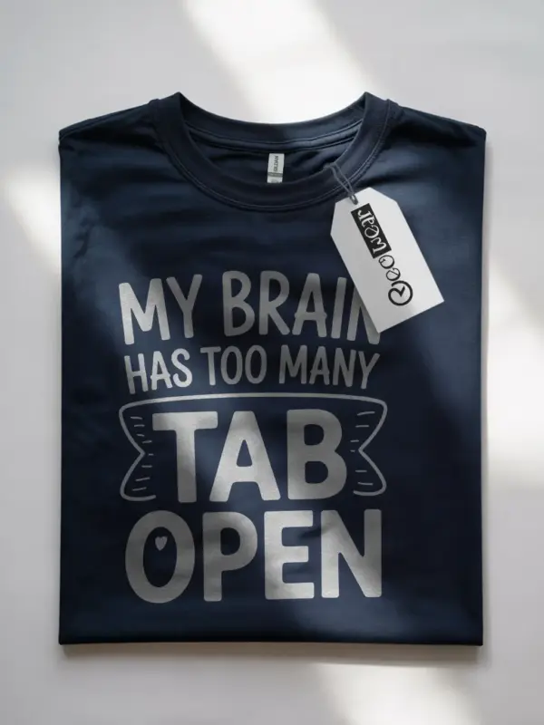 Front view navy shirt with my brain has too many tabs open t-shirt design