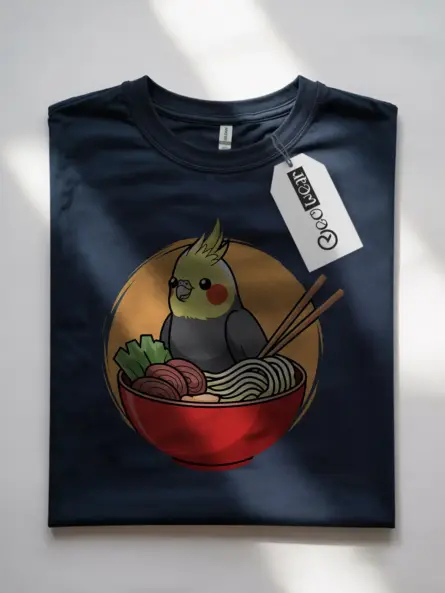 Whimsical Cute Cockatiel T Shirt – Ramen Bowl Kawaii Bird Tee - Image 7