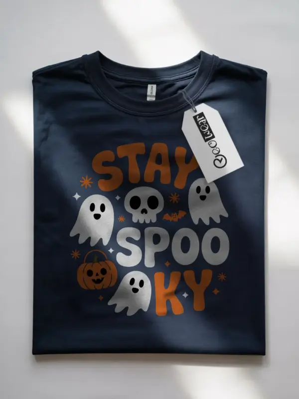 navy shirt front – stay spooky text with ghosts – stay spooky t-shirt