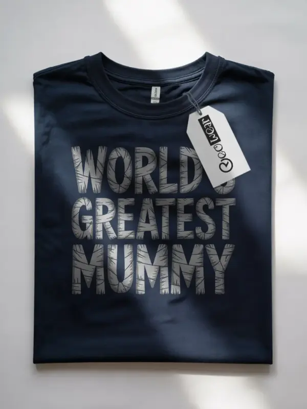 Navy Shirt Front View – World’s Greatest Mummy – funny mummy Halloween mom t-shirt