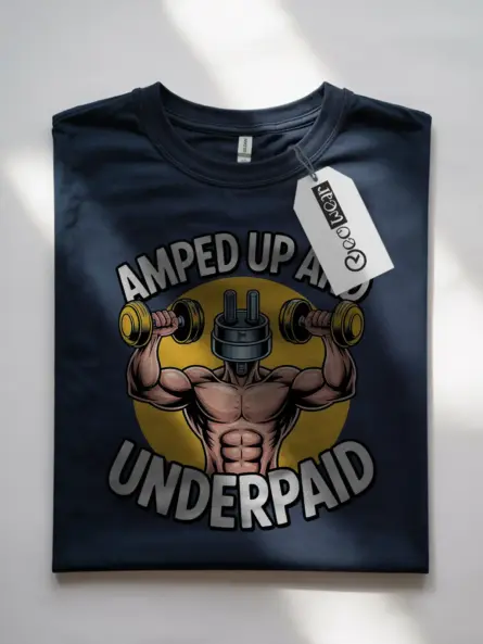 Navy Amped Up and Underpaid Shirt flatlay – electrician novelty shirt, powerlifting pun