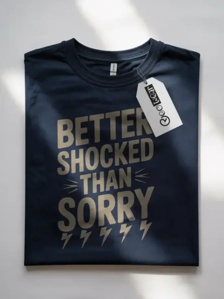 Navy Better Shocked Than Sorry Shirt flatlay – retro industrial workwear tee