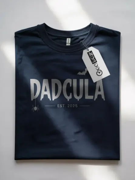 Navy front view funny dadcula halloween shirt for new fathers
