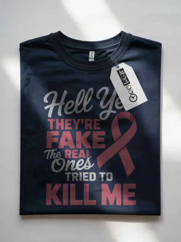Navy Folded – Hell Yes They’re Fake – funny mastectomy shirt