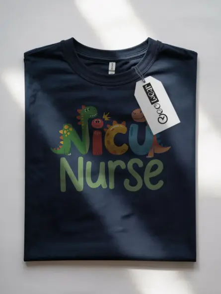 Navy NICU nurse dinosaur t-shirt front view – whimsical NICU nurse dinosaur t-shirt for women