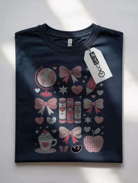 Kawaii T-Shirt – Irresistibly Cute Pink Bow & Book Grid Top - Image 7